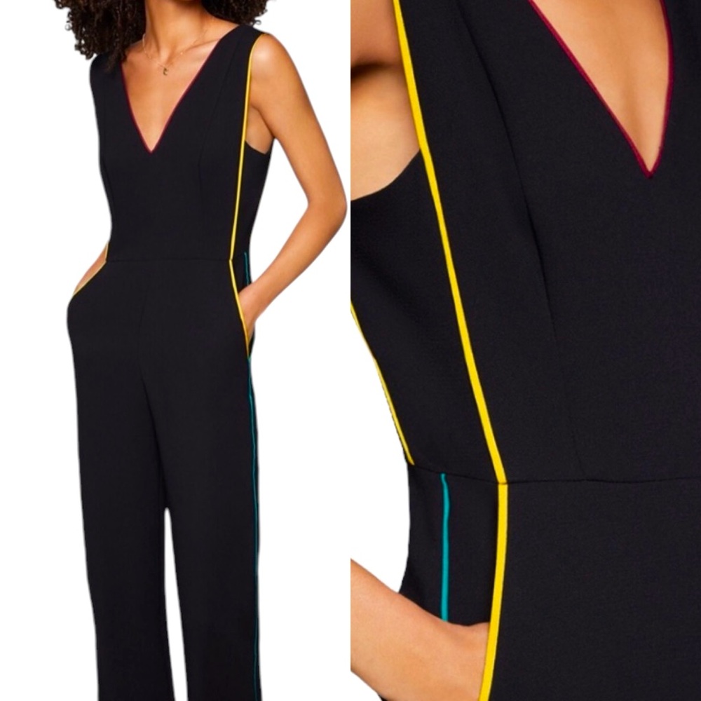 BCBGeneration Black Jumpsuit with Yellow, Teal & Pink Piping